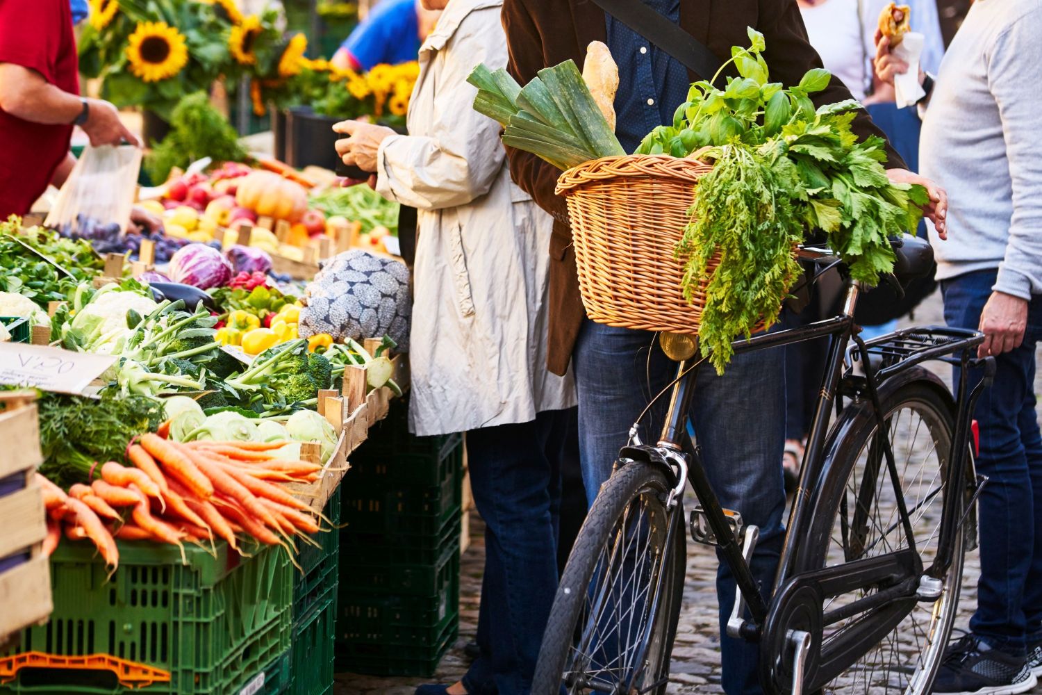 Mann schiebt Fahrrad mit seinen Einkäufen über den Wochenmarkt.. Artikel "Regional einkaufen" öffnen.