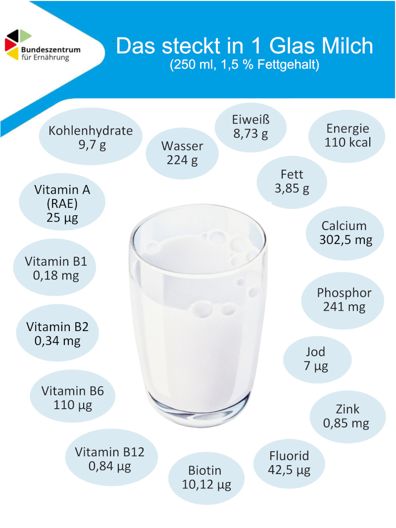 Grafik zeigt die Inhaltsstoffe von 1 Glas Milch.