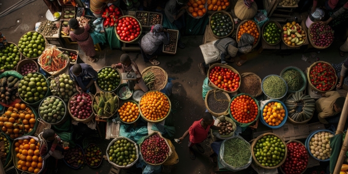 Exotischer Markt mit unterschiedlichstem Obst und Gemüse in Asien.. Artikel "Planetary Health Diet" öffnen.