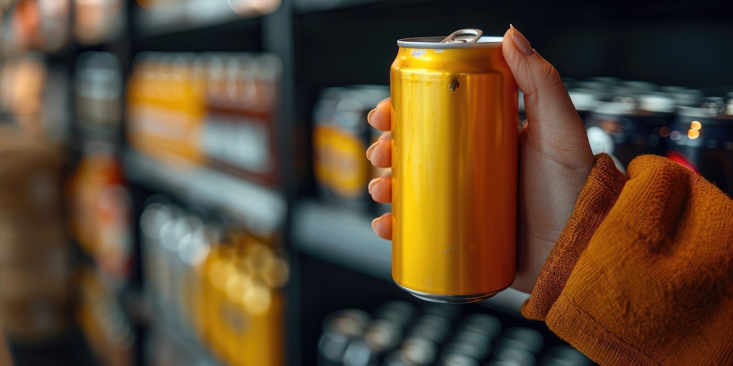 Eine Hand hält eine leuchtend gelbe Getränkedose vor einem Supermarktregal gefüllt mit Getränken. . Artikel "Energydrinks: Höhenflug oder eher Bruchlandung?" öffnen.