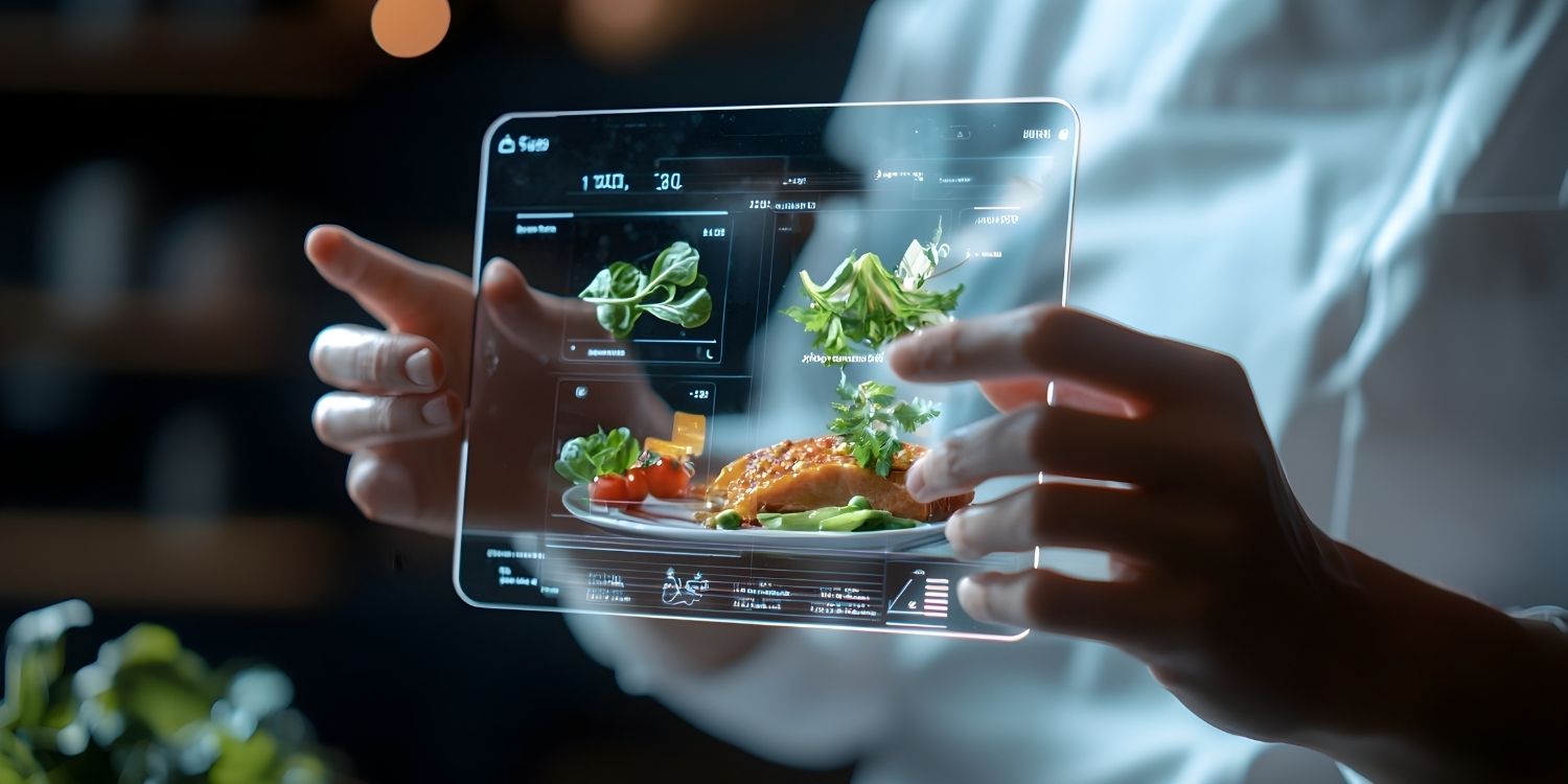 Eine Person in weißem Oberteil hält eine Glastafel in Händen auf der Bilder von Lebensmitteln abgebildet sind.. Artikel "Wie sollten Abbildungen zu Ernährungsempfehlungen aussehen?" öffnen.