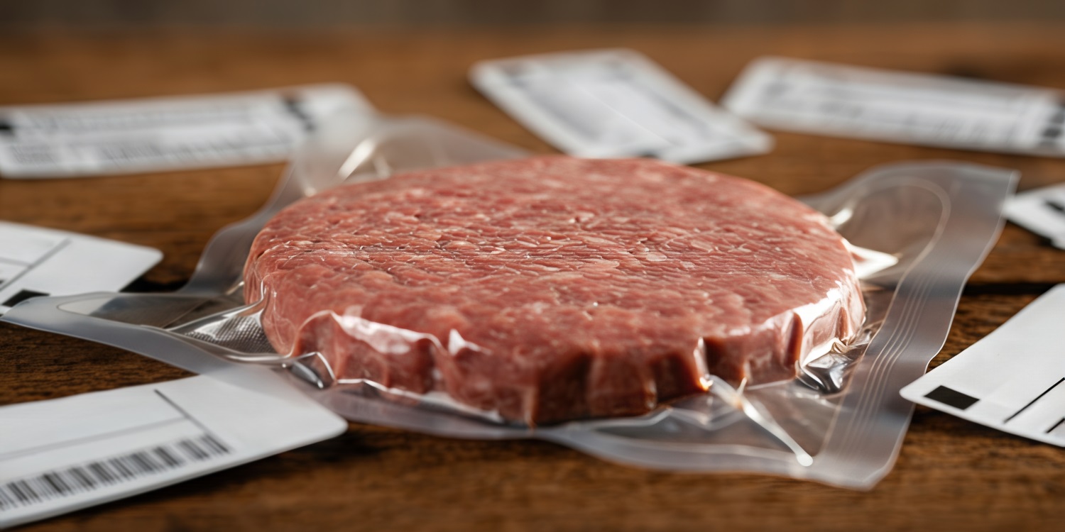 Auf einem Tisch liegt ein eingeschweißter Patty aus einer Fleischalternative, ringsum liegen verschiedene Label mit Strichcodes und Beschriftung.. Artikel "Wie „gesund“ sind Alternativprodukte zu tierischen Lebensmitteln?" öffnen.
