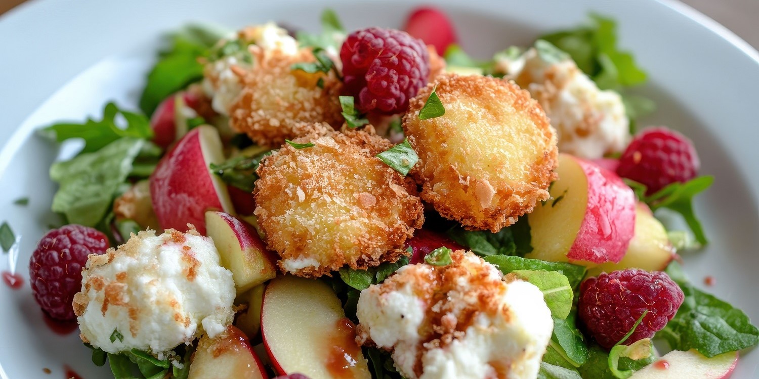 Auf einem weißen Teller ist ein Salat aus Rucola, Apfelstücken, Himbeeren und gebackenen Käsenuggets angerichtet.. Artikel "Jetzt startet die Himbeerzeit" öffnen.