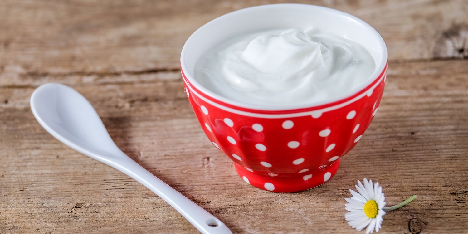 Auf einem Holztisch steht eine rote Schale mit weißen Punkten gefüllt mit Joghurt. Davor liegt ein weißer Löffel und ein Gänseblümchen. . Artikel "Skyr, Joghurt, Quark" öffnen.