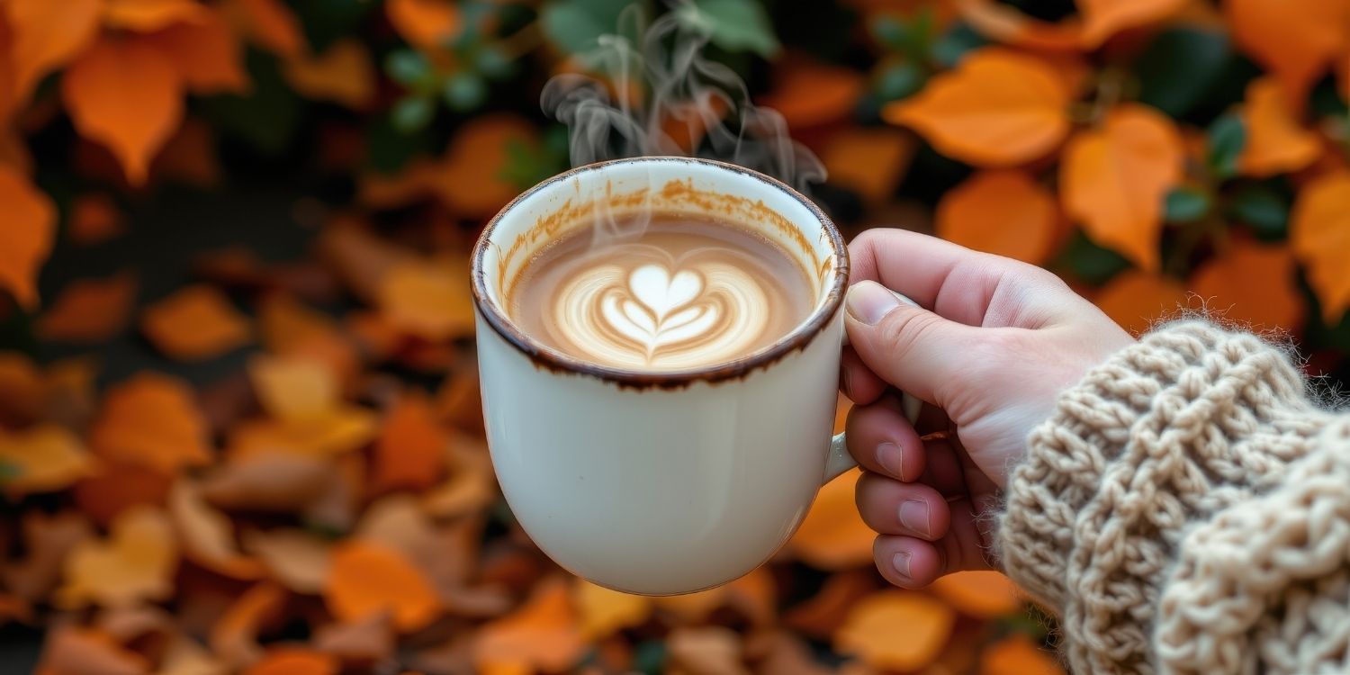 Eine Hand hält eine Tasse Pumpkin Spice Latte. Im Hintergrund liegen herbstlich verfärbte Blätter. . Artikel "Heiße Getränke für kühle Tage" öffnen.