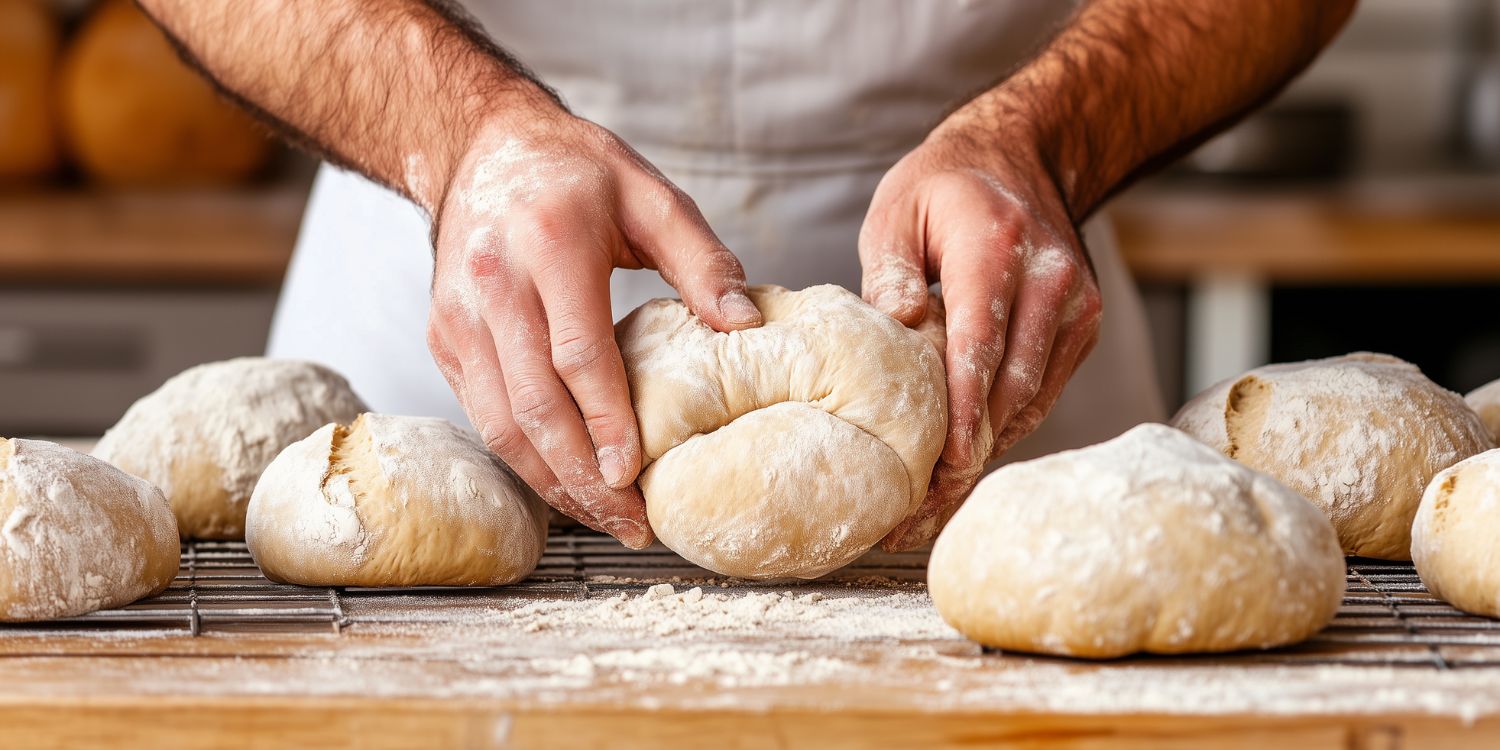 Zwei Männerhände kneten einen Brotteig. Ringsherum liegen weitere Teiglaibe.. Artikel "Altes Brot neu verbacken" öffnen.