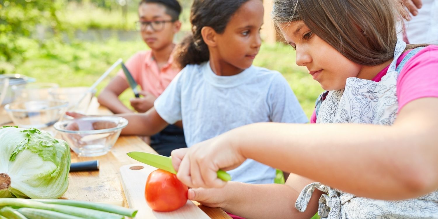 Mehrere Schulkinder sitzen an einem Tisch mit Lebensmitteln. Sie haben Schneidebretter, Schüsseln und Messer vor sich. Ein Mädchen mit Schürze schneidet eine Tomate.. Artikel "Neue Empfehlungen zur Verbraucherbildung an Schulen" öffnen.