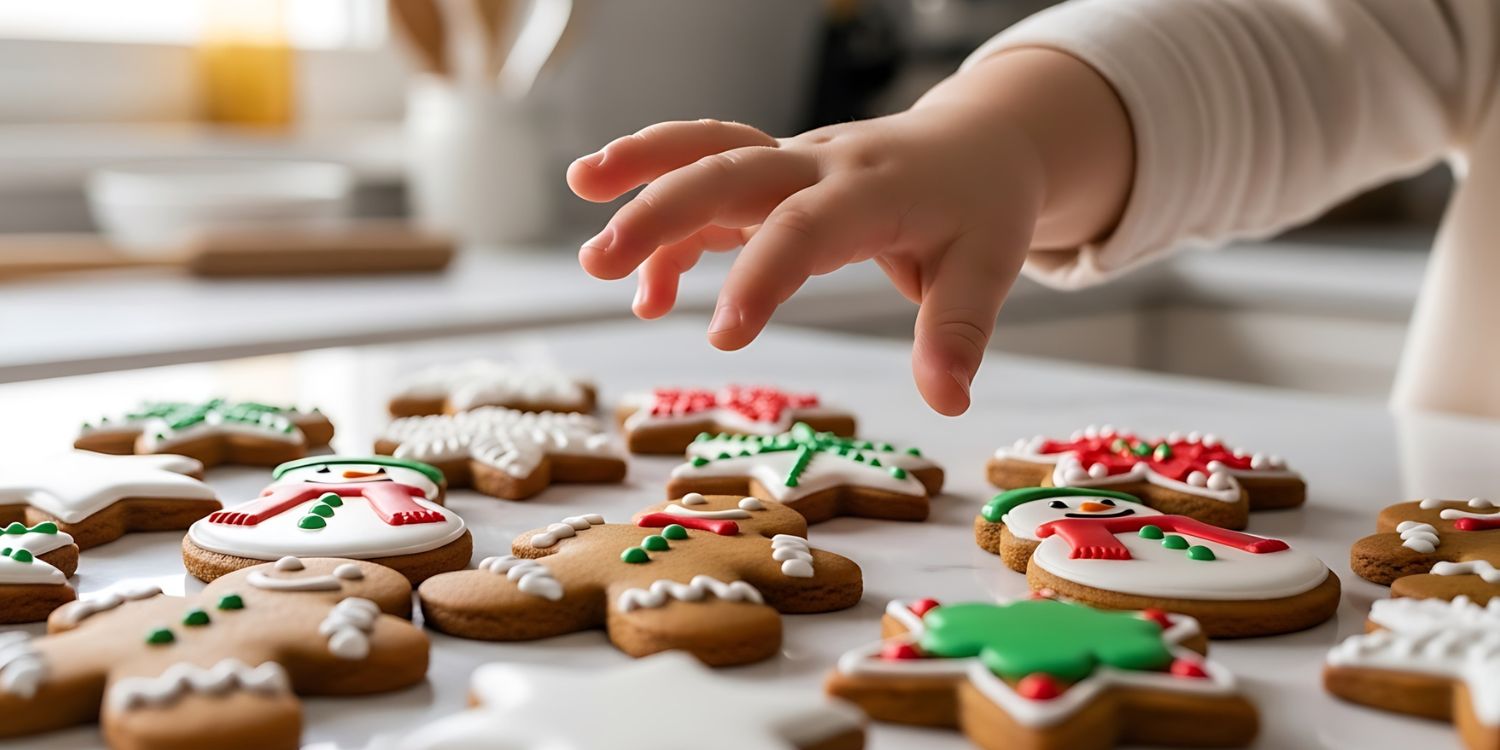 Auf einem Tisch liegen verschiedene Weihnachtsplätzchen mit Zuckerguss und -verzierung. Ein Kleinkind greift mit der Hand danach. . Artikel "Wenig Zucker in den ersten 1.000 Tagen" öffnen.