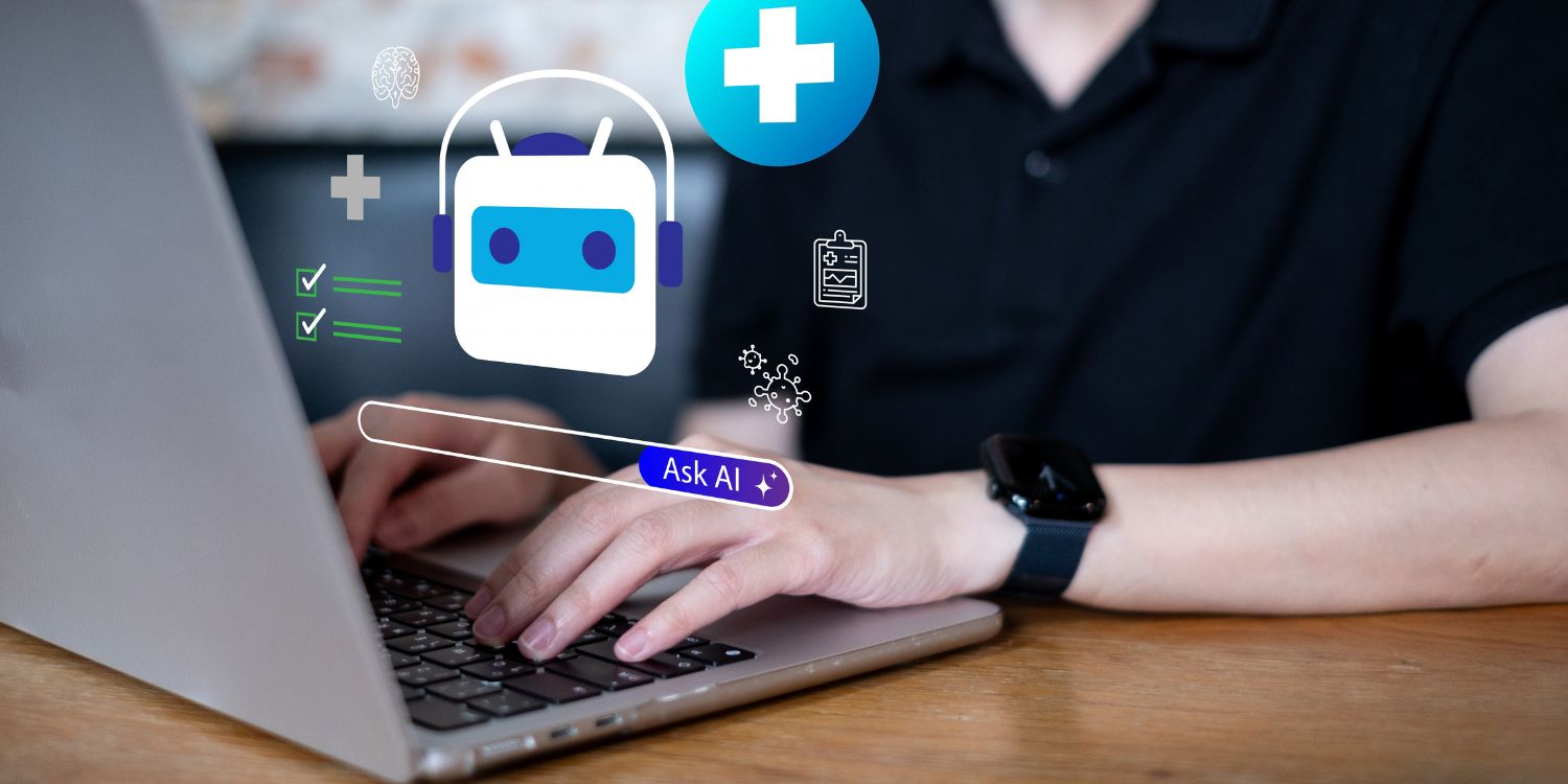 Eine Person sitzt vor einem Laptop und tippt. Im Vordergrund sind verschiedene Symbole und der Schriftzug „Ask AI“.. Artikel "KI-Prognose zu Behandlungserfolg bei Adipositas" öffnen.