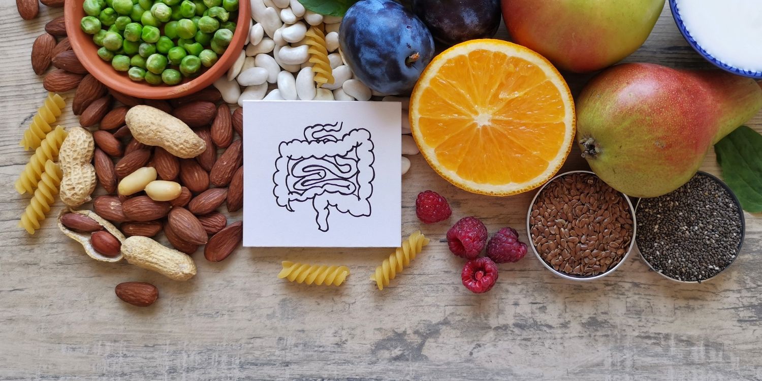Auf einem Tisch liegen Obst, Hülsenfrüchte, Nüsse und Samen und eine Skizze des menschlichen Darms in der Mitte.. Artikel "Ballaststoffe genauer erfasst" öffnen.