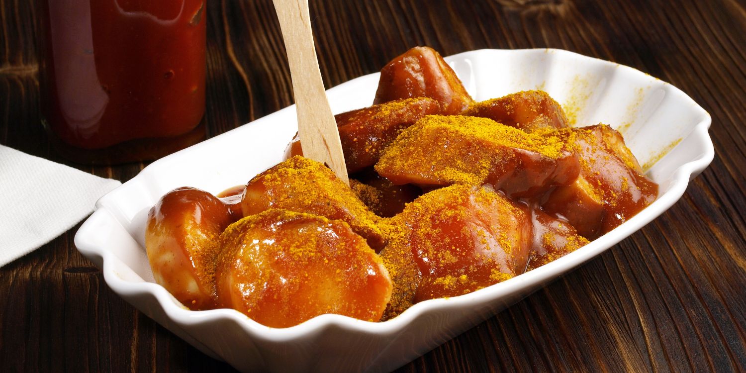 Auf einem dunklen Holztisch steht eine weiße Porzellanschale mit in Stücke geschnittener Currywurst mit Currypulver bestäubt. Daneben steht Curry-Ketchup.. Artikel "Curry – die vielseitige Gewürzmischung" öffnen.