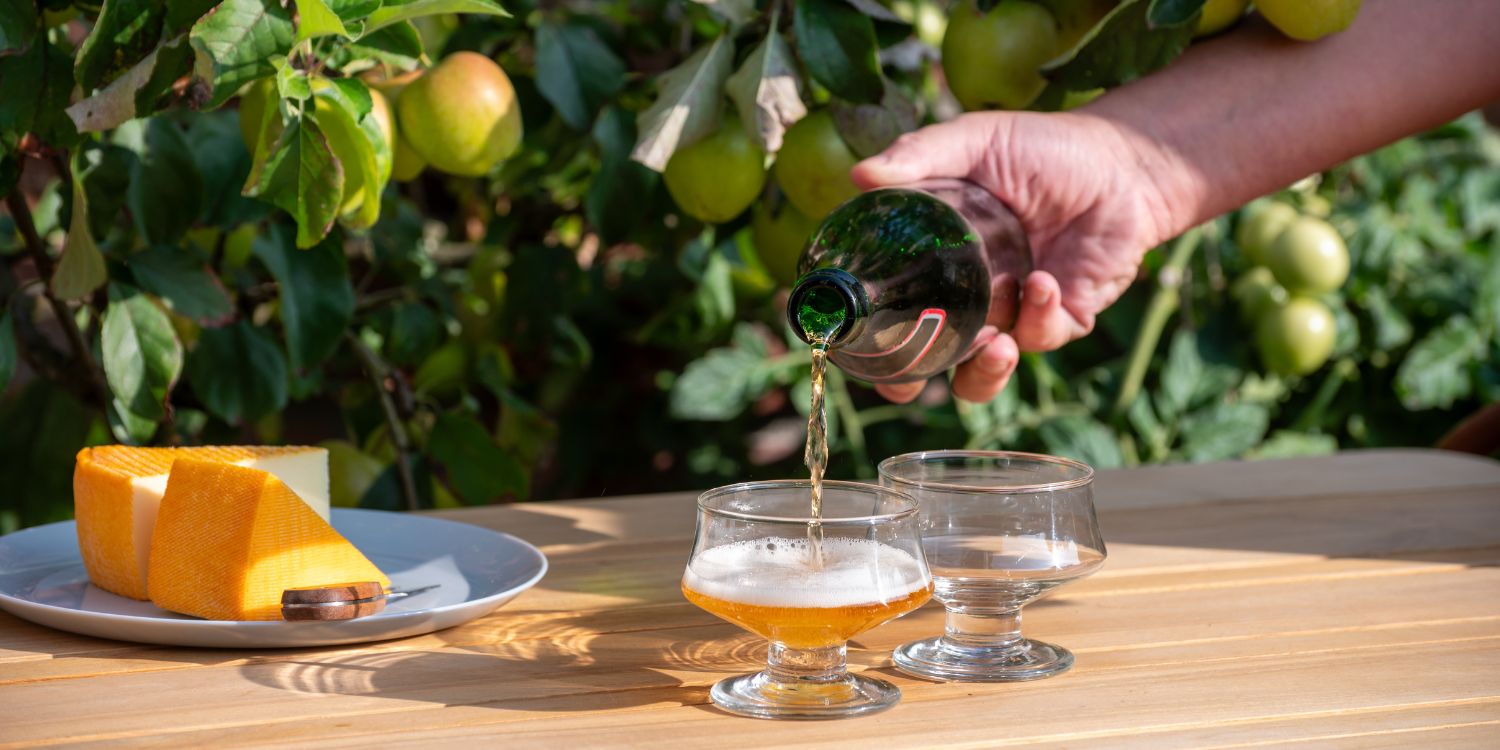 Auf einem Tisch im Freien unter einem Apfelbaum mit Früchten an den Zweigen stehen zwei Gläser und ein Teller mit Käse. Eine Hand gießt Schaumwein aus einer Flasche in eines der Gläser.. Artikel "Fruchtweinvielfalt mit und ohne Alkohol" öffnen.