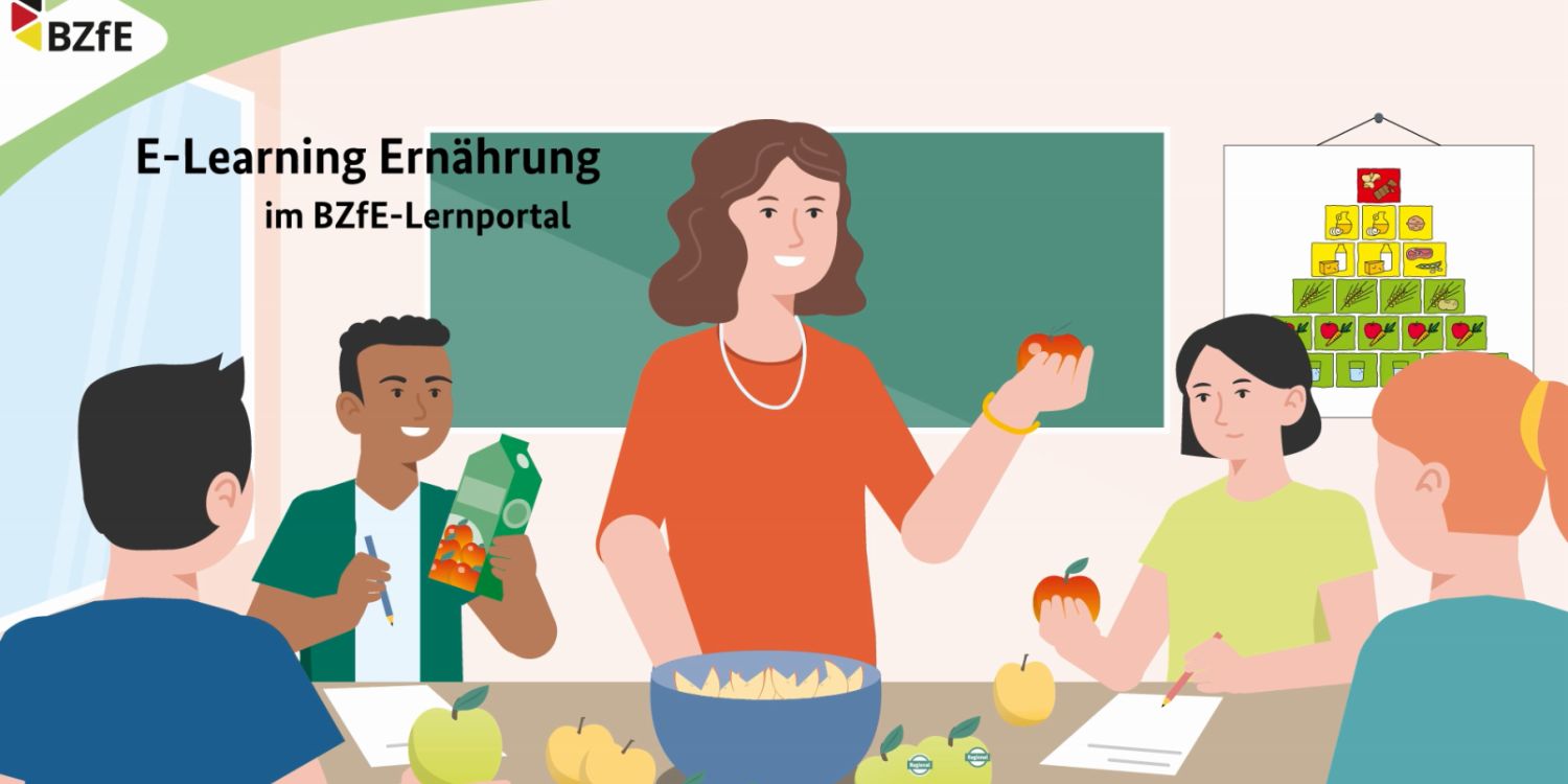 Der Screenshot zeigt eine animierte Szene in der eine Lehrerin in einer Klasse einen Apfel hochhält. Ringsum sitzen Schülerinnen und Schüler und betrachten Äpfel und Apfelsaft. Im Hintergrund sind eine Schultafel und die Ernährungspyramide.. Artikel "Kurzvideo zum neuen Lernportal" öffnen.
