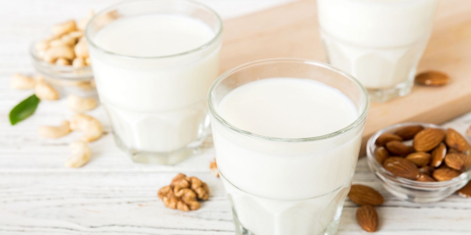 Auf einem hellen Untergrund stehe drei Gläser mit Milchalternativen gefüllt. Daneben liegen jeweils Mandeln, Walnusshälften und Cashews.. Artikel "Bei Milch-Verzicht auf Jodversorgung achten" öffnen.