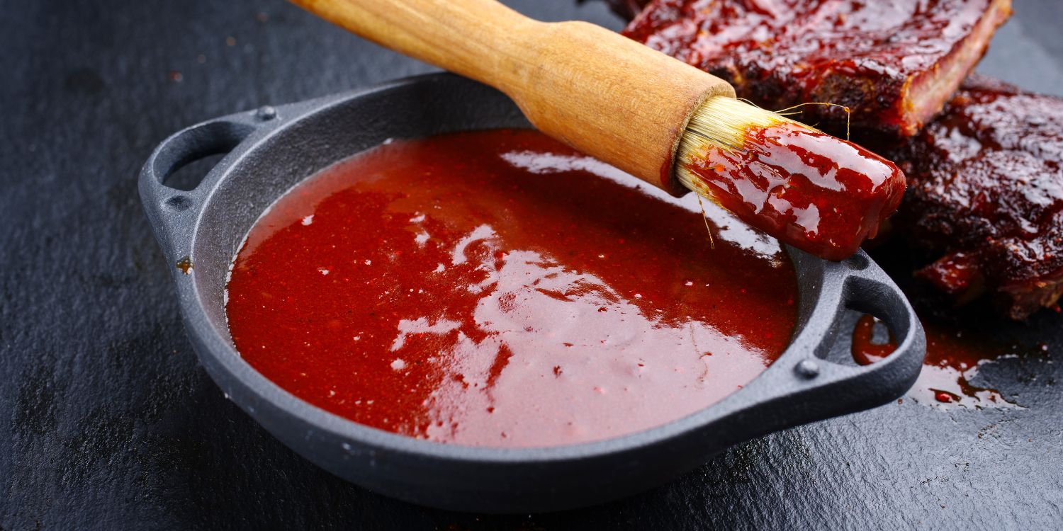 In einer dunklen Schale auf einem Schiefertisch ist Barbecue-Soße und ein Pinsel. Daneben liegen marinierte Spareribs.. Artikel "Von Räuchertofu bis Barbecue-Soße" öffnen.