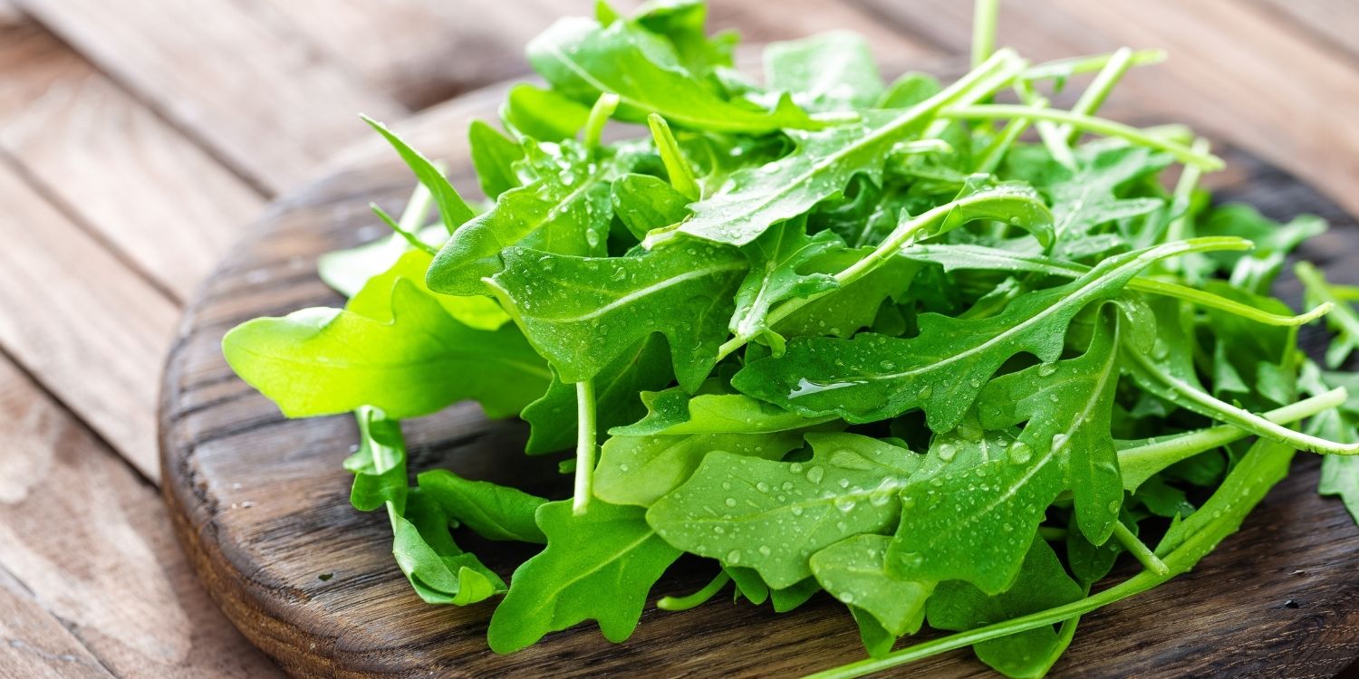 Auf einem Holzbrett liegt ein loser Bund frischer Rucolablätter.. Artikel "Würziges Grün: Rucola" öffnen.