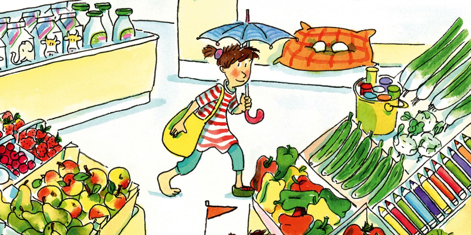 Die Zeichnung zeigt ein Mädchen im Supermarkt, aber einige Dinge sind seltsam, etwa Buntstifte und Kreide in der Gemüseauslage oder ein Elefantenkopf auf einer Milchtüte.. Artikel "So macht Essen Spaß" öffnen.