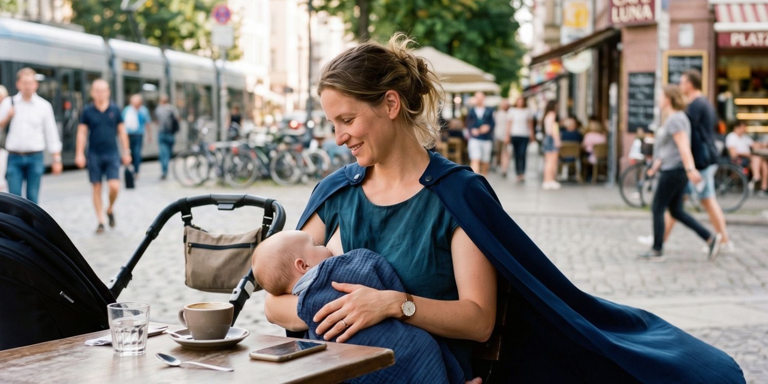 Eine Frau sitzt mit ihrem Baby stillend in einem Cafe in der Fußgängerzone. . Artikel "Weltstillwoche 2026: Stillen. Deine Superkraft." öffnen.