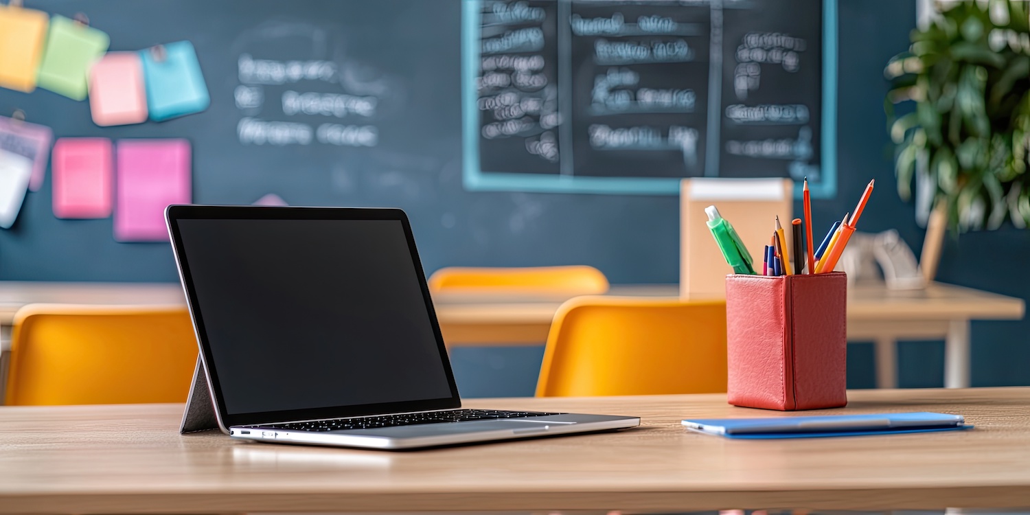 Auf einem Schreibtisch sind ein aufgeklapptes Laptop und Stifte zu sehen. . Artikel "Schule und Kita" öffnen.